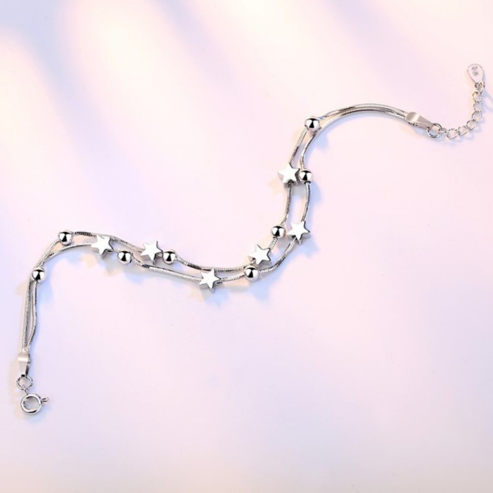 NEW 925 Sterling Silver Double Layer Star Bead Bracelet - Picture 2 of 5